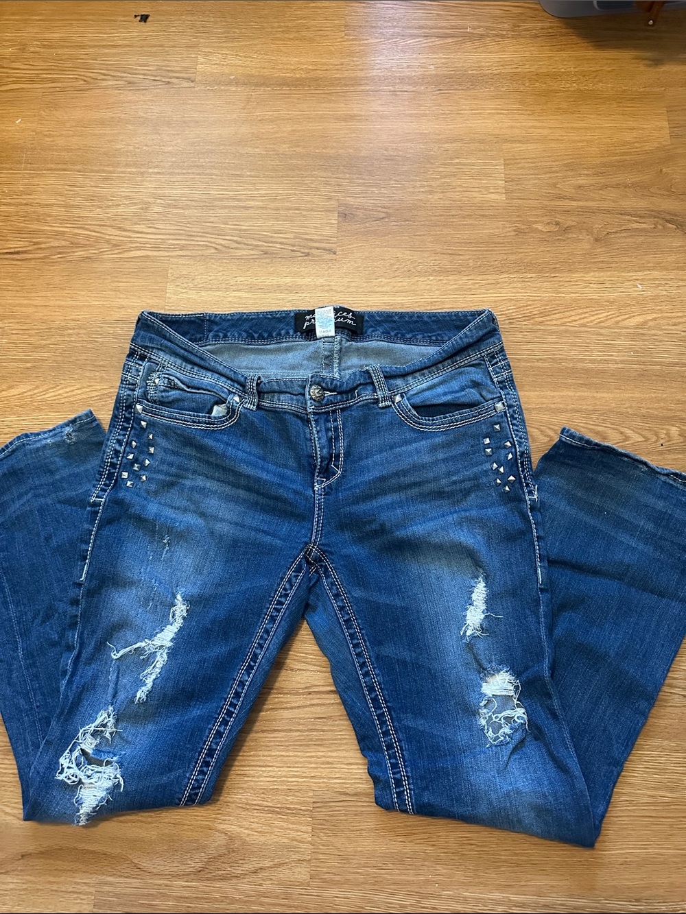 Maurices Women's Dark Blue Distressed Bootcut Jeans with Stud Accents
